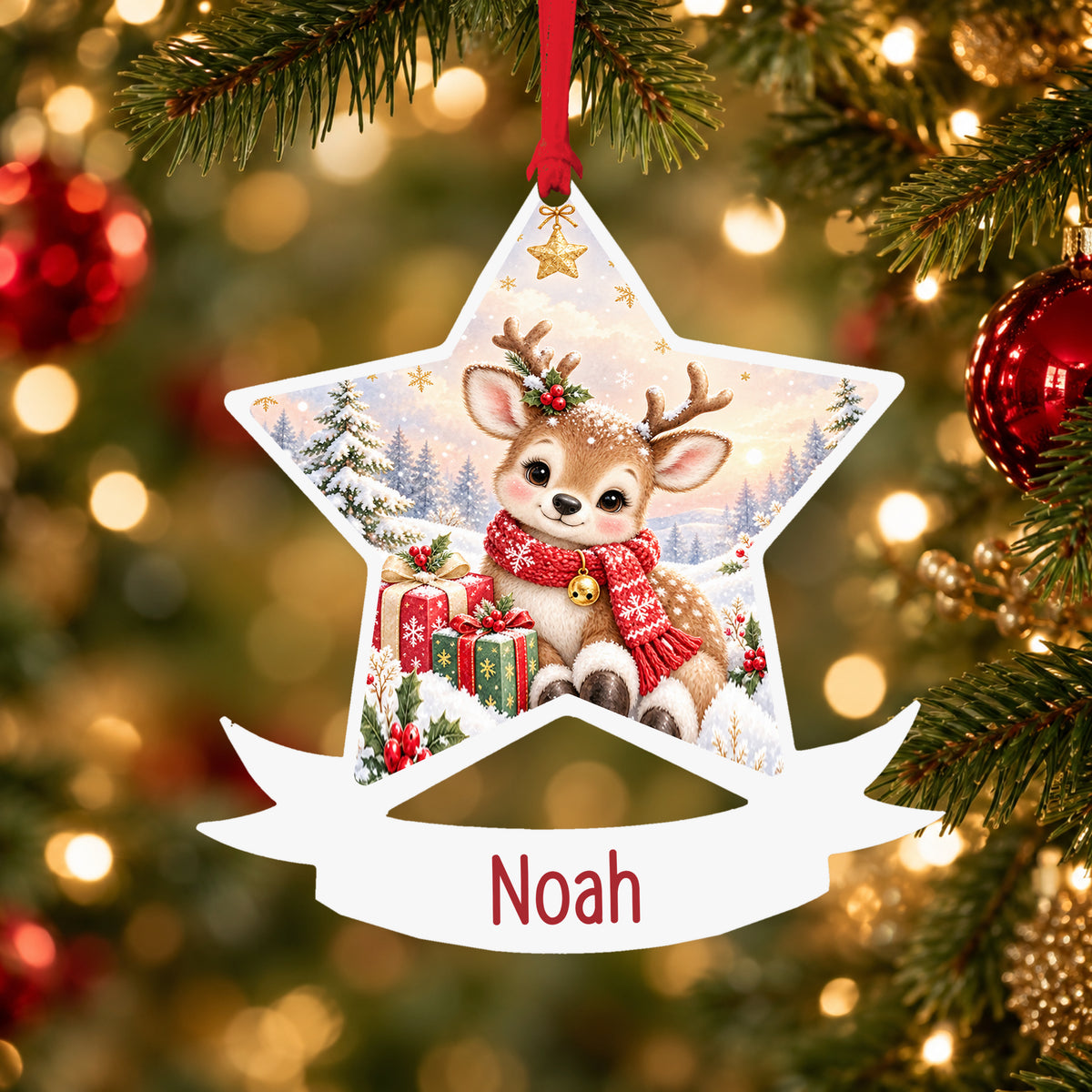 Personalised classic Christmas reindeer acrylic star Christmas bauble with custom name, hanging on a Christmas tree with red ribbon