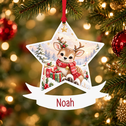 Personalised classic Christmas reindeer acrylic star Christmas bauble with custom name, hanging on a Christmas tree with red ribbon