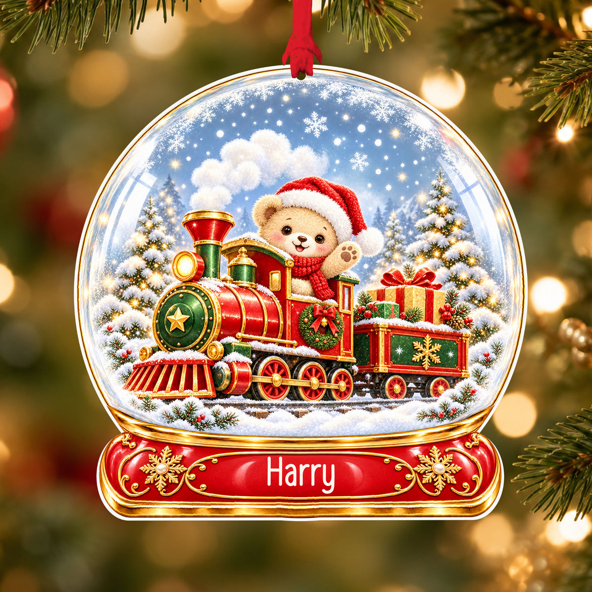Personalised classic Christmas train acrylic snow globe Christmas bauble with custom name, hanging on a Christmas tree with red ribbon