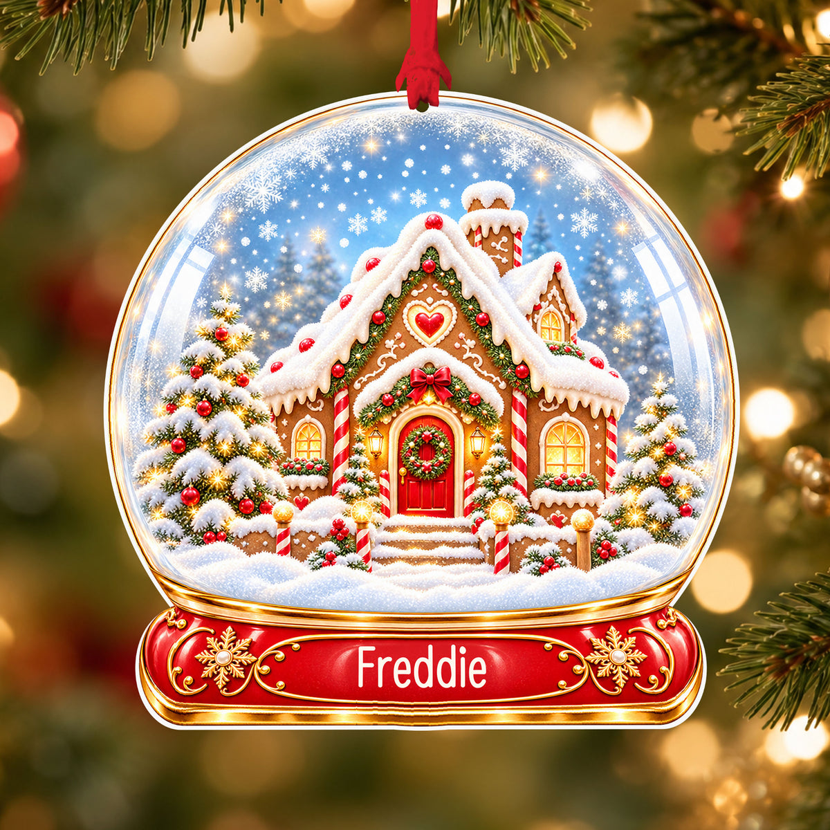 Personalised classic gingerbread house acrylic snow globe Christmas bauble with custom name, hanging on a Christmas tree with red ribbon