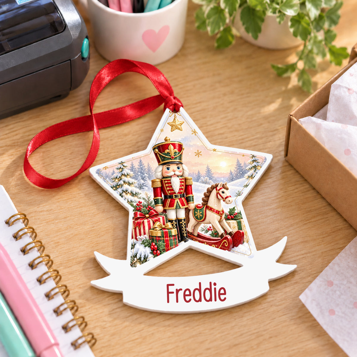 Personalised classic nutcracker white acrylic star bauble with name, 10cm Christmas decoration with ribbon, shown on a desk