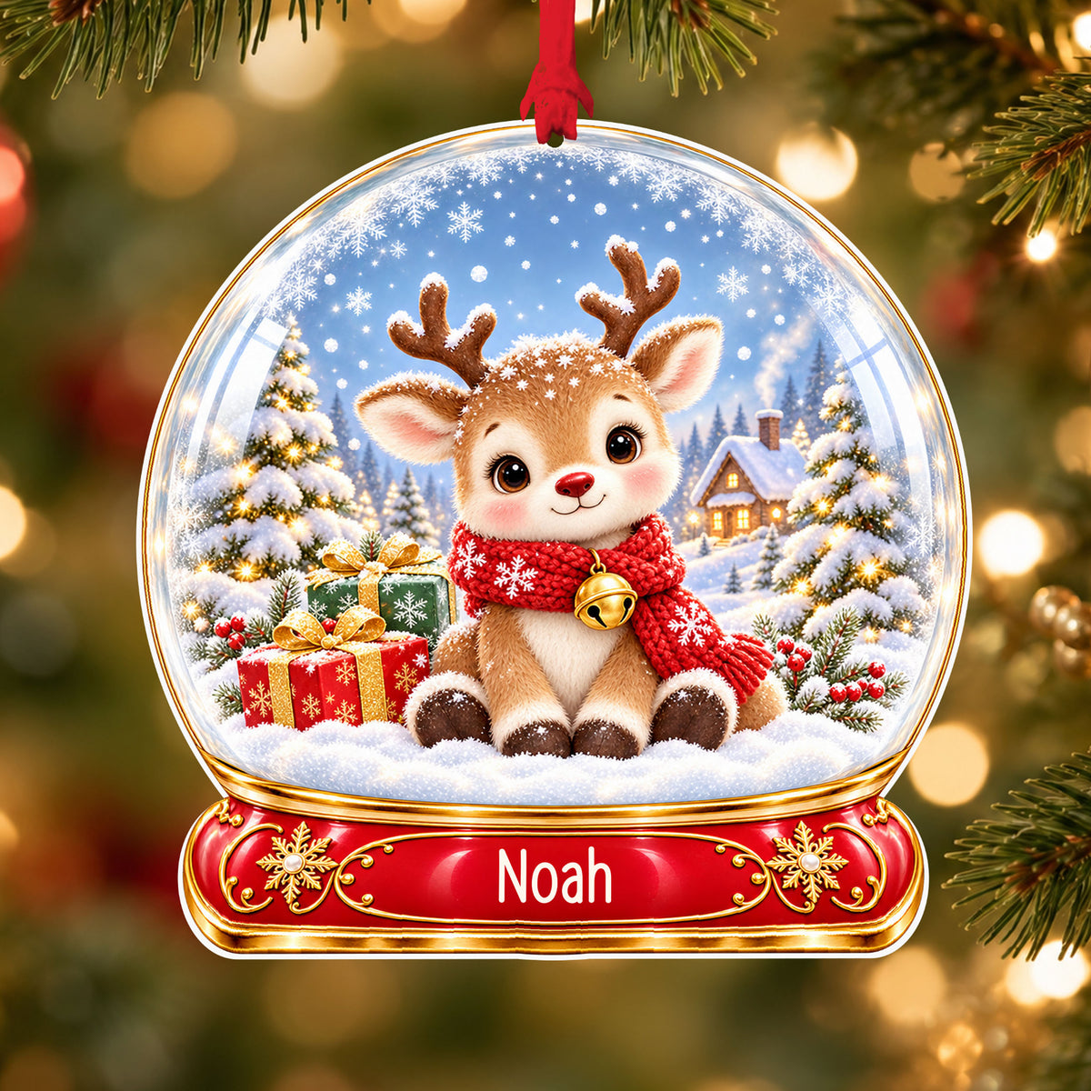 Personalised classic reindeer acrylic snow globe Christmas bauble with custom name, hanging on a Christmas tree with red ribbon