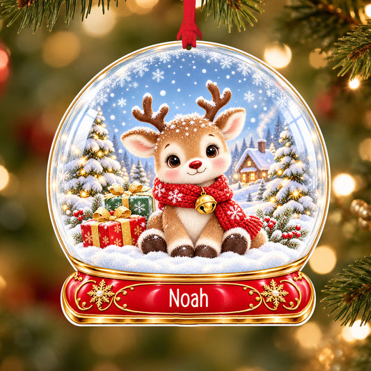 Personalised classic reindeer acrylic snow globe Christmas bauble with custom name, hanging on a Christmas tree with red ribbon