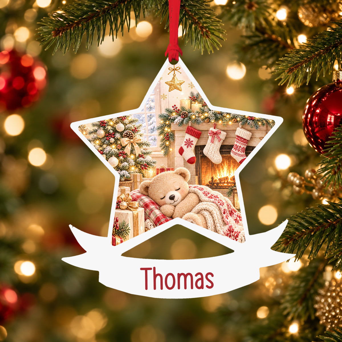 Personalised cosy Christmas fireplace acrylic star Christmas bauble with custom name, hanging on a Christmas tree with red ribbon