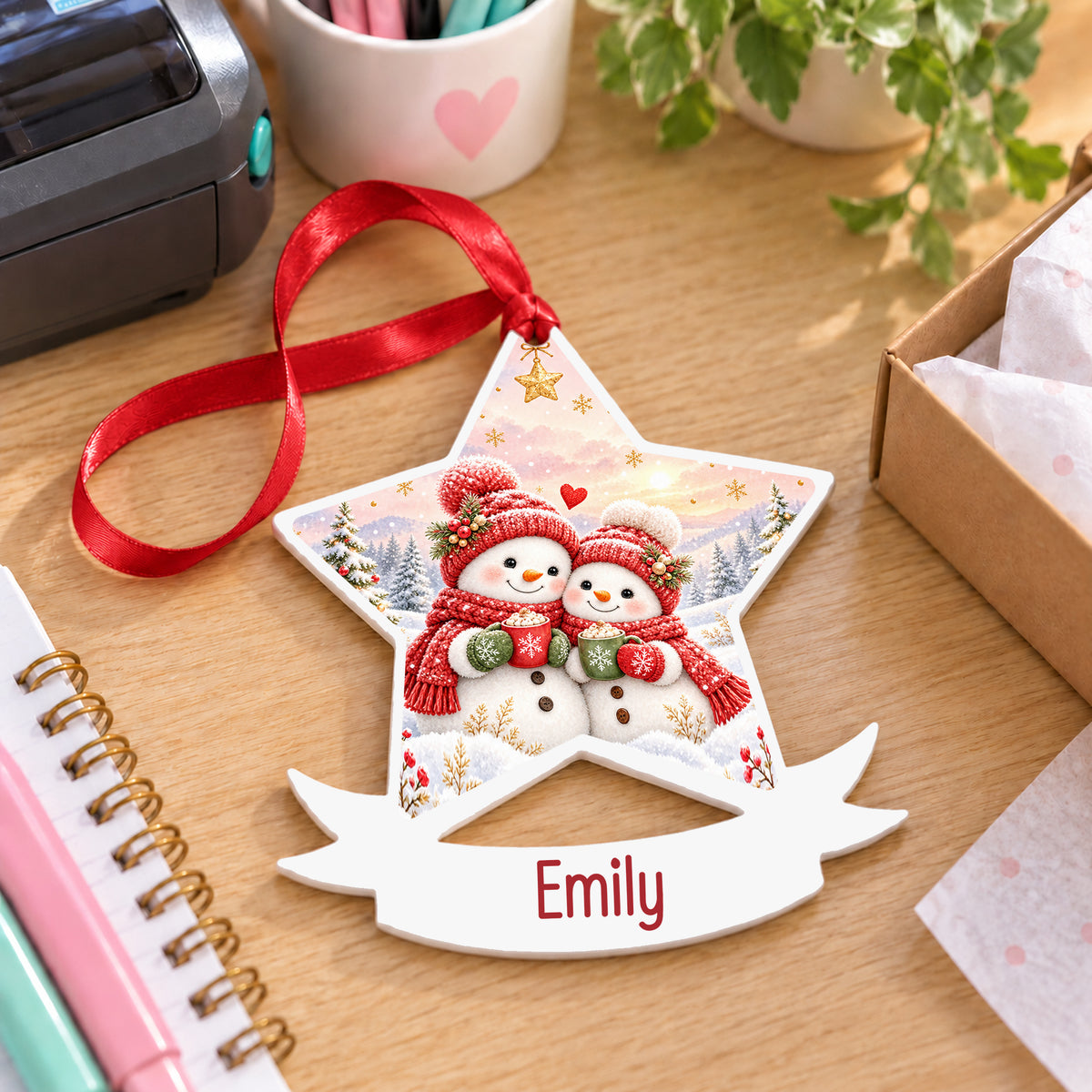 Personalised cosy snowman couple white acrylic star bauble with name, 10cm Christmas decoration with ribbon, shown on a desk