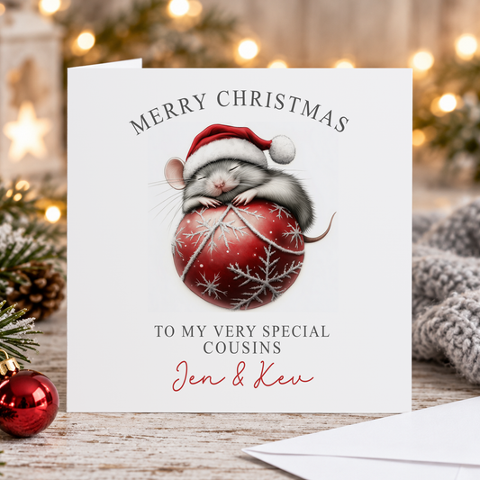 Personalised Cousins Christmas Card – Mouse on a Red Bauble, Names, 6x6 Inch