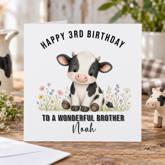 Personalised Cow Birthday Card for Boys – Son, Nephew or Grandson, Name & Age