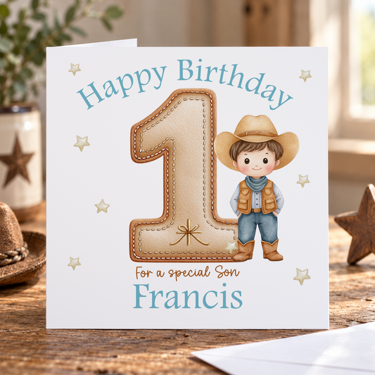 Personalised Cowboy 1st Birthday Card, For Grandson, Son Any Relation, 6x6