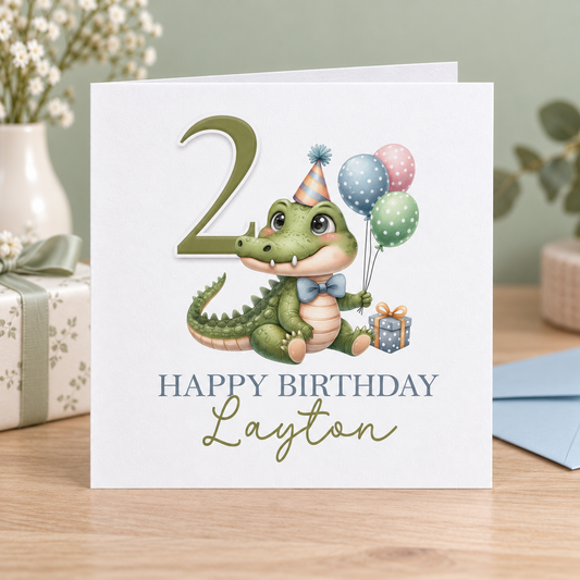 Personalised Crocodile Birthday Card – 6x6" Square Card for Children
