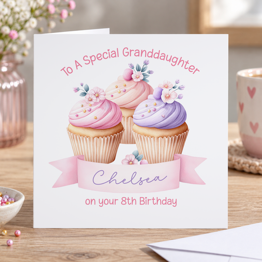 Personalised Cupcakes Birthday Card, Any Age, Name & Relation, 6x6 Inch