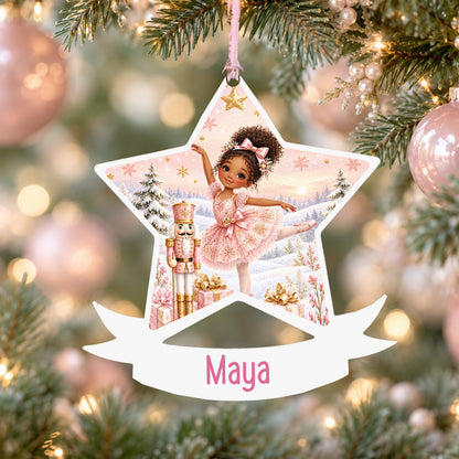 Personalised curly haired ballerina acrylic star Christmas bauble with custom name, hanging on a Christmas tree with baby pink ribbon