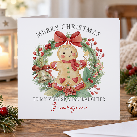 Personalised Daughter Christmas Card – Gingerbread Man in a Holly Wreath, 6x6