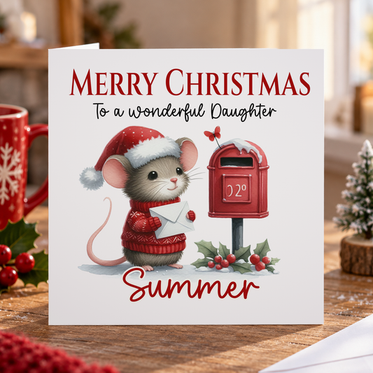 Personalised Daughter Christmas Card – Mouse in Red Jumper by a Post Box, 6x6