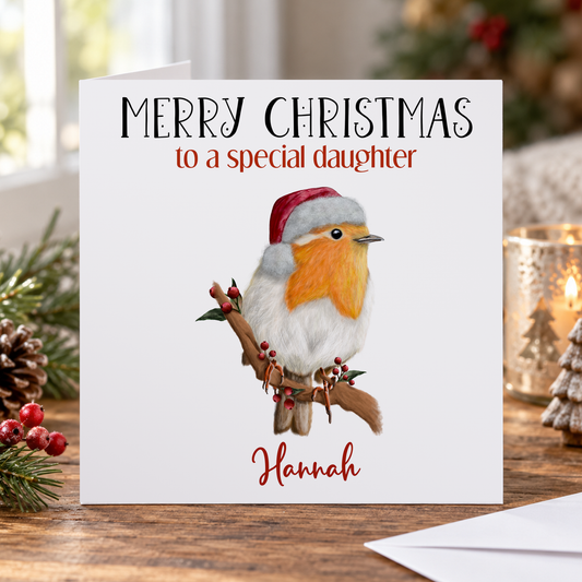 Personalised Daughter Christmas Card – Painted Robin on a Winter Branch, 6x6
