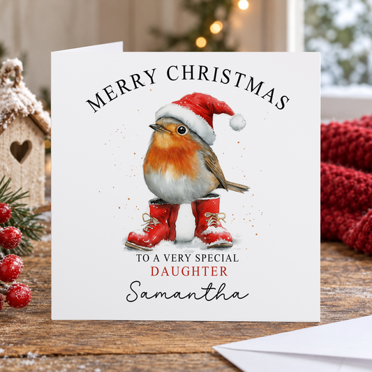 Personalised Daughter Christmas Card – Robin in Santa Hat & Red Wellies, 6x6