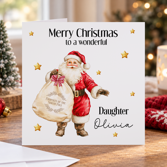 Personalised Daughter Christmas Card – Traditional Santa & Gold Stars, 6x6
