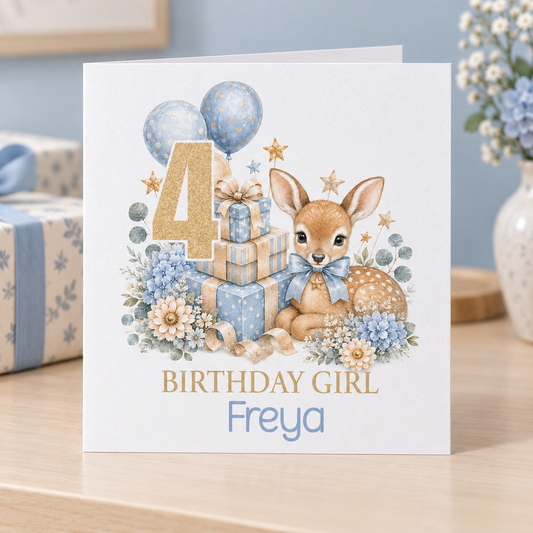Personalised Deer and Presents Birthday Card, Any Age & Name, 6x6 Inch