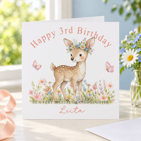 Personalised Deer Birthday Card – Woodland Floral Design