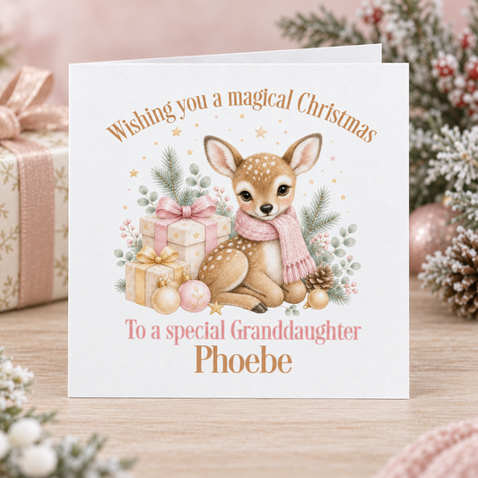 Personalised Deer Christmas Card – Spotted Fawn & Presents, Granddaughter 6x6
