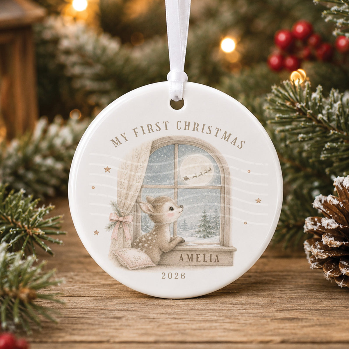 Personalised white ceramic My First Christmas bauble with a baby deer at a snowy window watching Santa’s sleigh, “Amelia” on the window seat and 2026