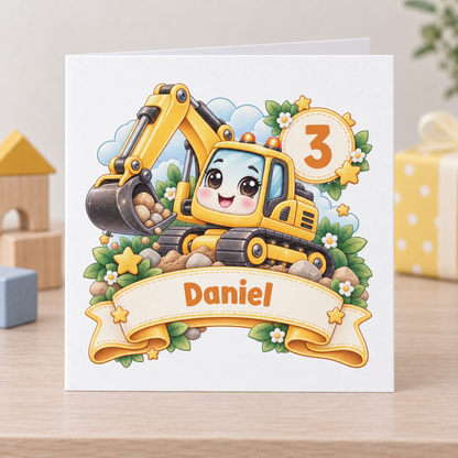 Personalised Digger Birthday Card, Any Age & Name, 6x6 Inch