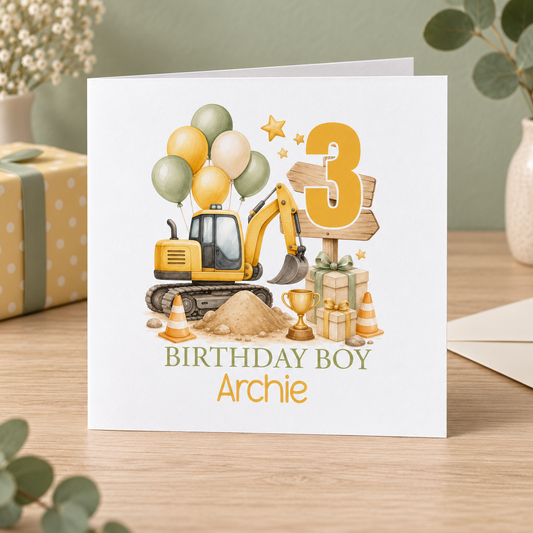 Personalised Digger Birthday Card, Construction, Any Age & Name, 6x6
