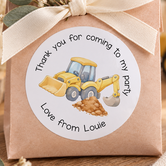 Personalised Digger Birthday Stickers – Construction Party Bag Labels