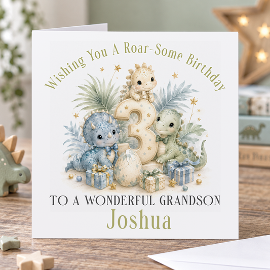 Personalised Dinosaur 1st Birthday Card, Roar-Some Son, Grandson Any Relation