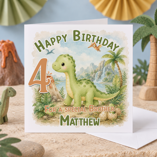 Personalised Dinosaur Birthday Card, Any Age, Name & Relation, 6x6 Inch