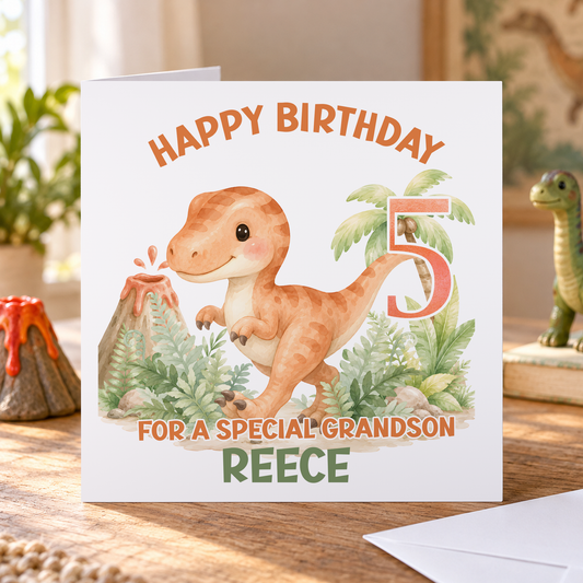 Personalised Dinosaur Birthday Card – Orange T-Rex & Volcano, Any Age, 6x6