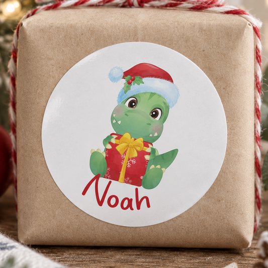 Personalised Dinosaur Christmas Stickers – Festive Glossy Round Gift Labels, Custom Name