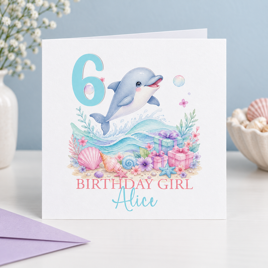 Personalised Dolphin Birthday Card, Under the Sea, Any Age & Name, 6x6