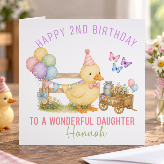 Personalised Duck Birthday Card – Custom Age Girls Card with Balloons