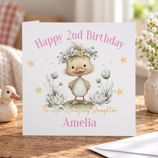 Personalised Duck Birthday Card - Floral Duckling Keepsake