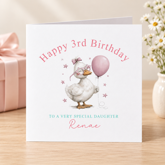 Personalised Duck Birthday Card – Pink Balloon Design for Any Name & Relation, 6x6 Luxury