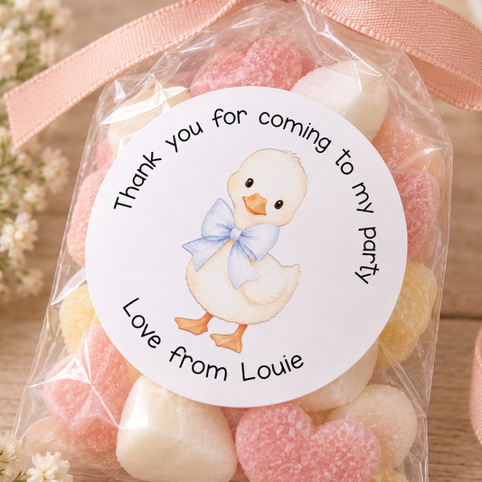 Personalised Duck Birthday Stickers – Blue Bow Party Bag Name Labels