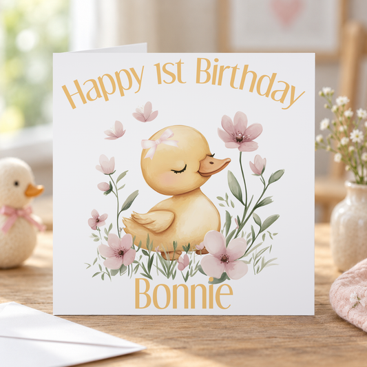Personalised Duck Theme First Birthday Card – 6x6" Square Card