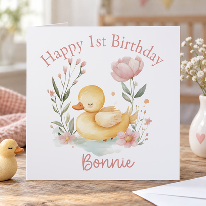 Personalised Duckling and Flowers 1st Birthday Card, Any Name, 6x6 Inch