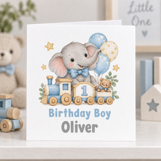 Personalised Elephant Train 1st Birthday Card, Birthday Boy Name, 6x6 Inch