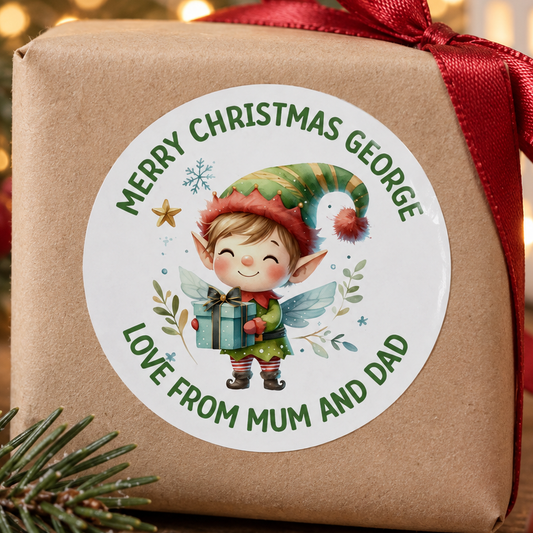 Personalised Elf Christmas Stickers – Rosy-Cheeked Glossy Gift Labels, Custom Name