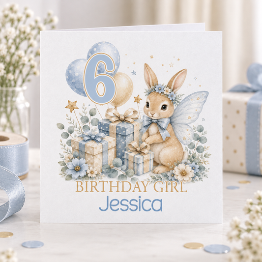 Personalised Fairy Bunny Birthday Card, Blue, Any Age & Name, 6x6