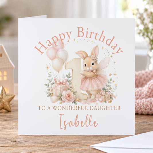 Personalised Fairy Bunny Birthday Card, Blush Pink, Any Age & Relation