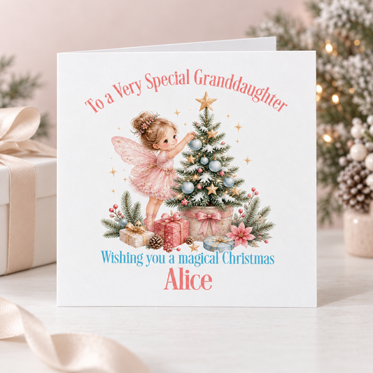 Personalised Fairy Christmas Card for Granddaughter – Pink Christmas Tree, 6x6
