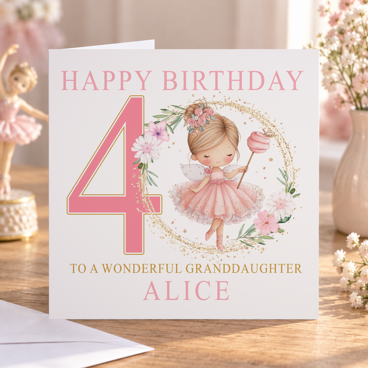 Personalised Fairy Wreath Birthday Card, Any Age, Name & Relation, 6x6 Inch
