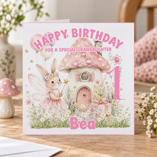 Personalised Fairytale Bunny 1st Birthday Card, Toadstool House, Any Name, 6x6 Inch
