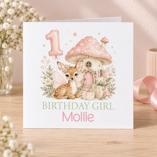 Personalised Fairytale Deer 1st Birthday Card, Birthday Girl Name, 6x6 Inch