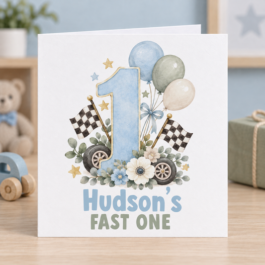 Personalised Fast One 1st Birthday Card, Chequered Flag Racing, 6x6 Inch