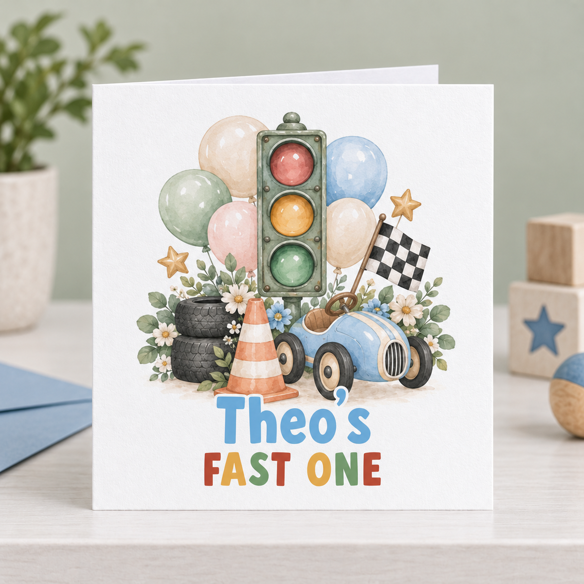 Personalised Fast One 1st Birthday Card, Traffic Lights & Racing Car, Any Name, 6x6 Inch