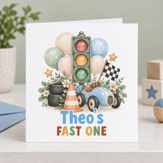 Personalised Fast One 1st Birthday Card, Traffic Lights & Racing Car, Any Name, 6x6 Inch