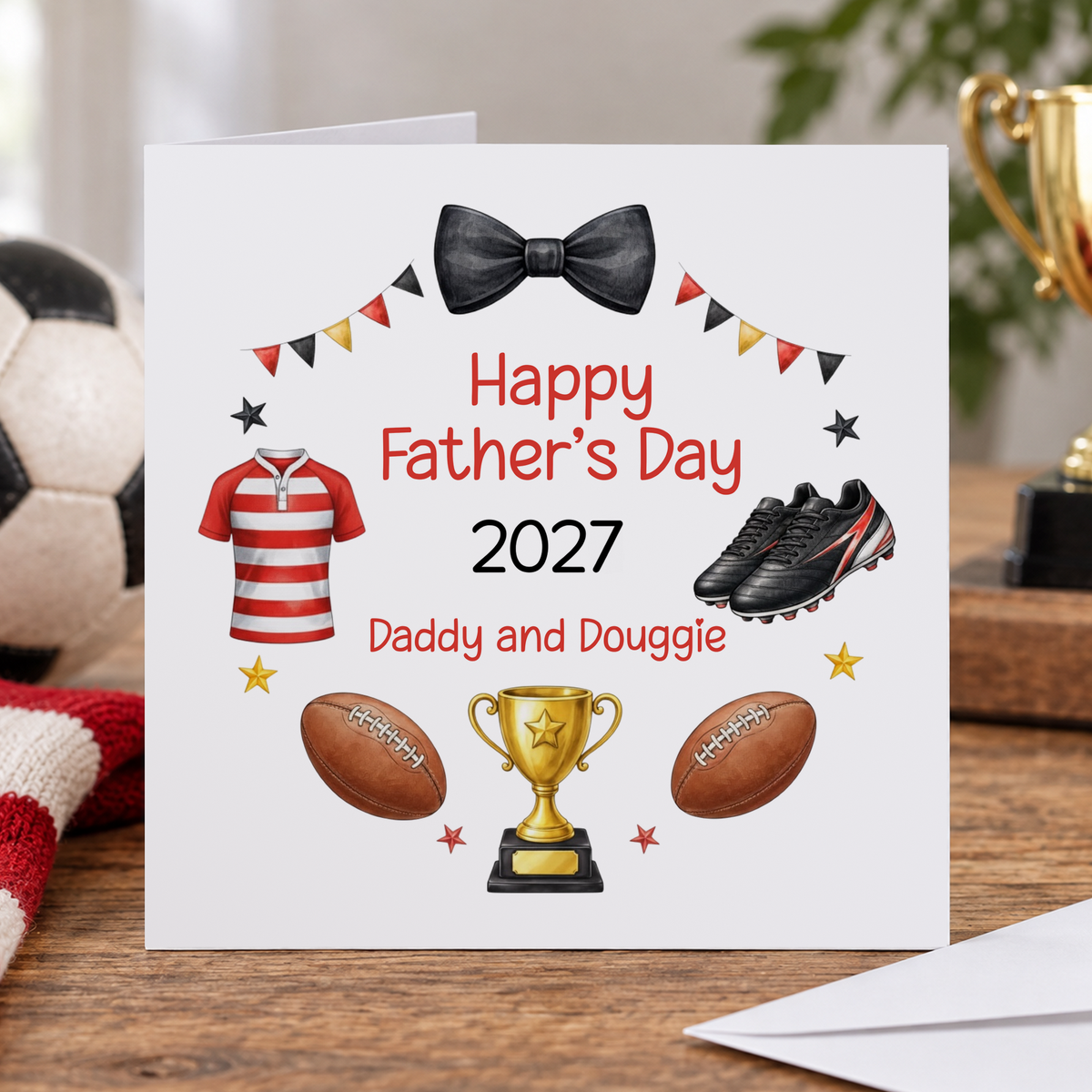 Personalised Father's Day Card, Red Rugby Shirt, Any Names, 6x6 Inch